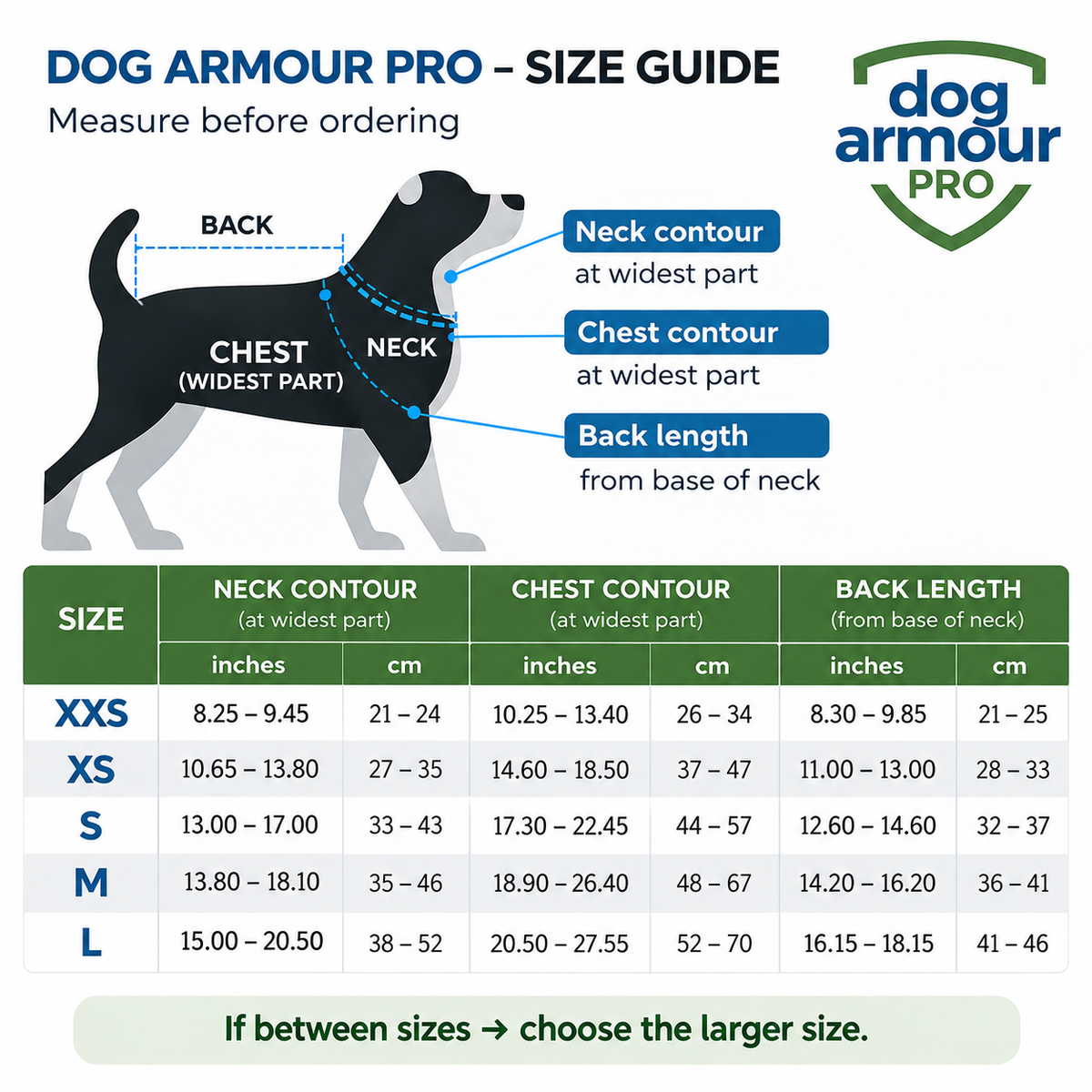 Dog Armour PRO sizing guide and measurement chart for small dog breeds, showing how to measure neck girth, chest girth, and back length for a perfect protective vest fit.