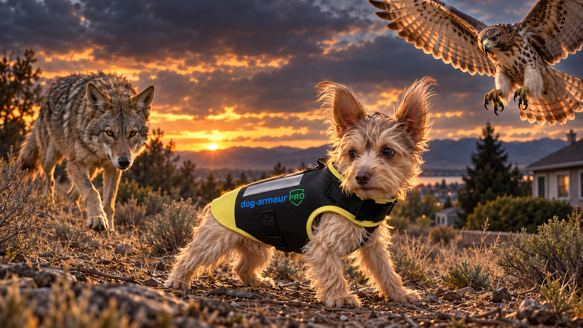 Small dog wearing a Dog Armour PRO orange protective vest while facing the threat of a coyote and a bird of prey