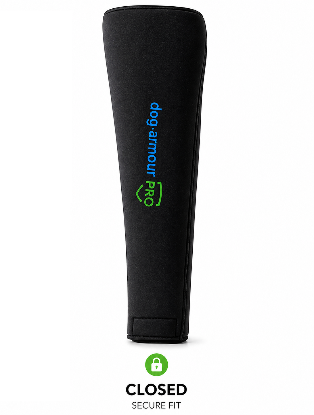Neoprene K9 training leg sleeve with lower opening design showing closed and open positions for easy on and off over the ankle