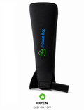 Neoprene K9 training leg sleeve with lower opening design showing closed and open positions for easy on and off over the ankle