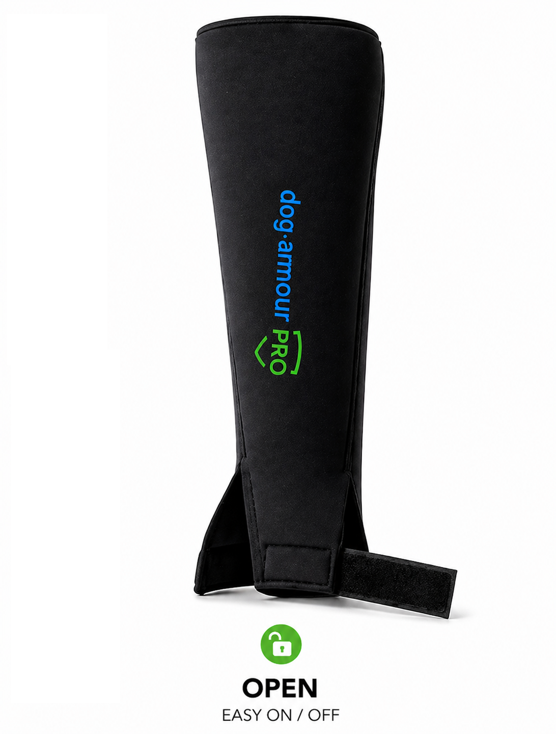 Neoprene K9 training leg sleeve with lower opening design showing closed and open positions for easy on and off over the ankle