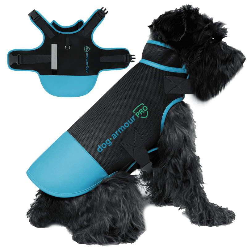 Dog wearing Anti-Bite Protection Vest by Dog Armour PRO, reflective and waterproof