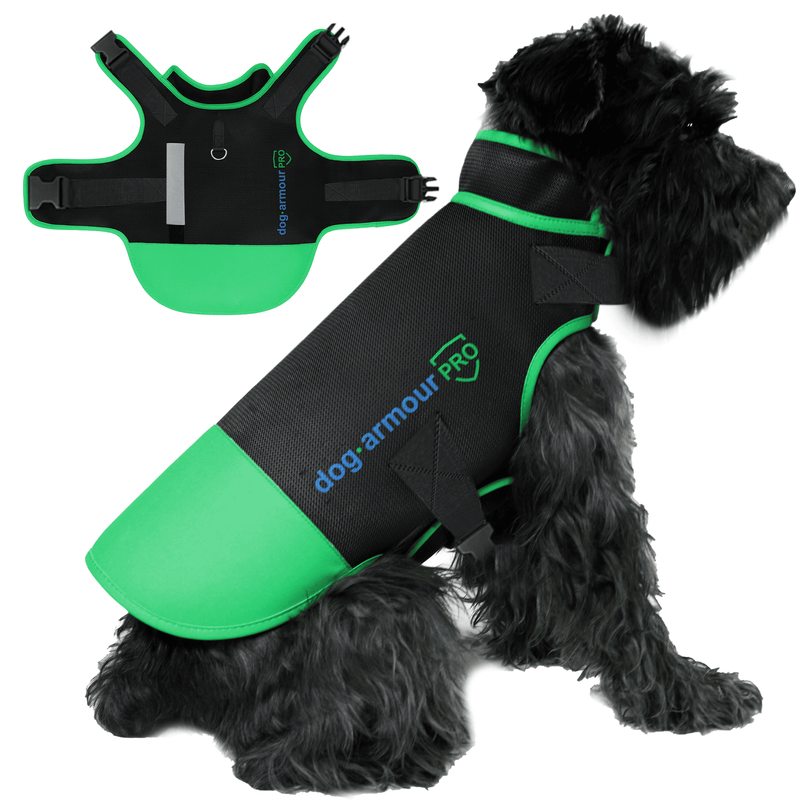 Dog wearing Anti-Bite Protection Vest by Dog Armour PRO, reflective and waterproof