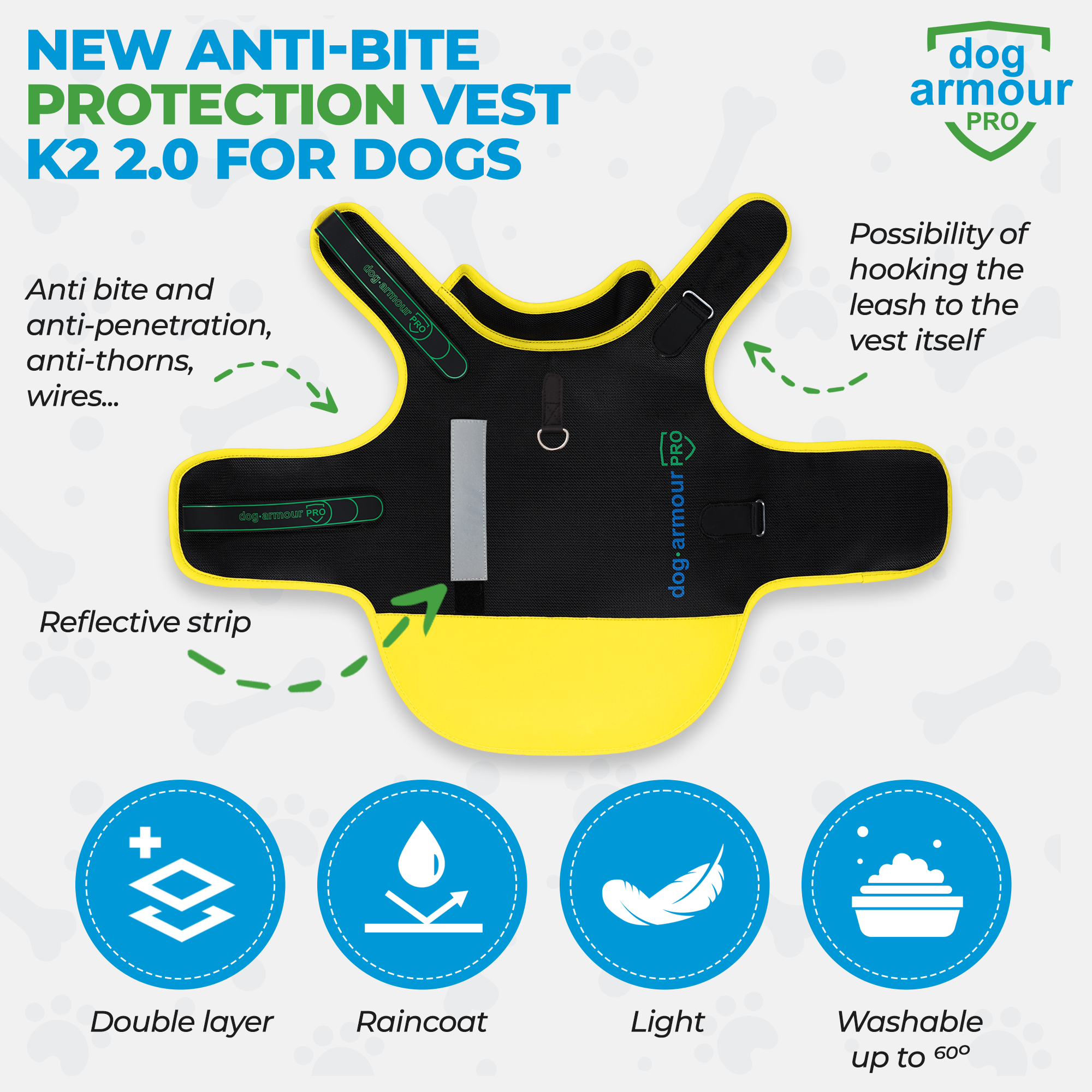 New Yellow anti-bite protection vest K2 2.0 for dogs. Waterproof.  Reflective.