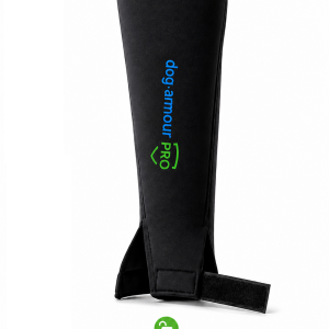 Neoprene K9 training leg sleeve with lower opening design showing closed and open positions for easy on and off over the ankle