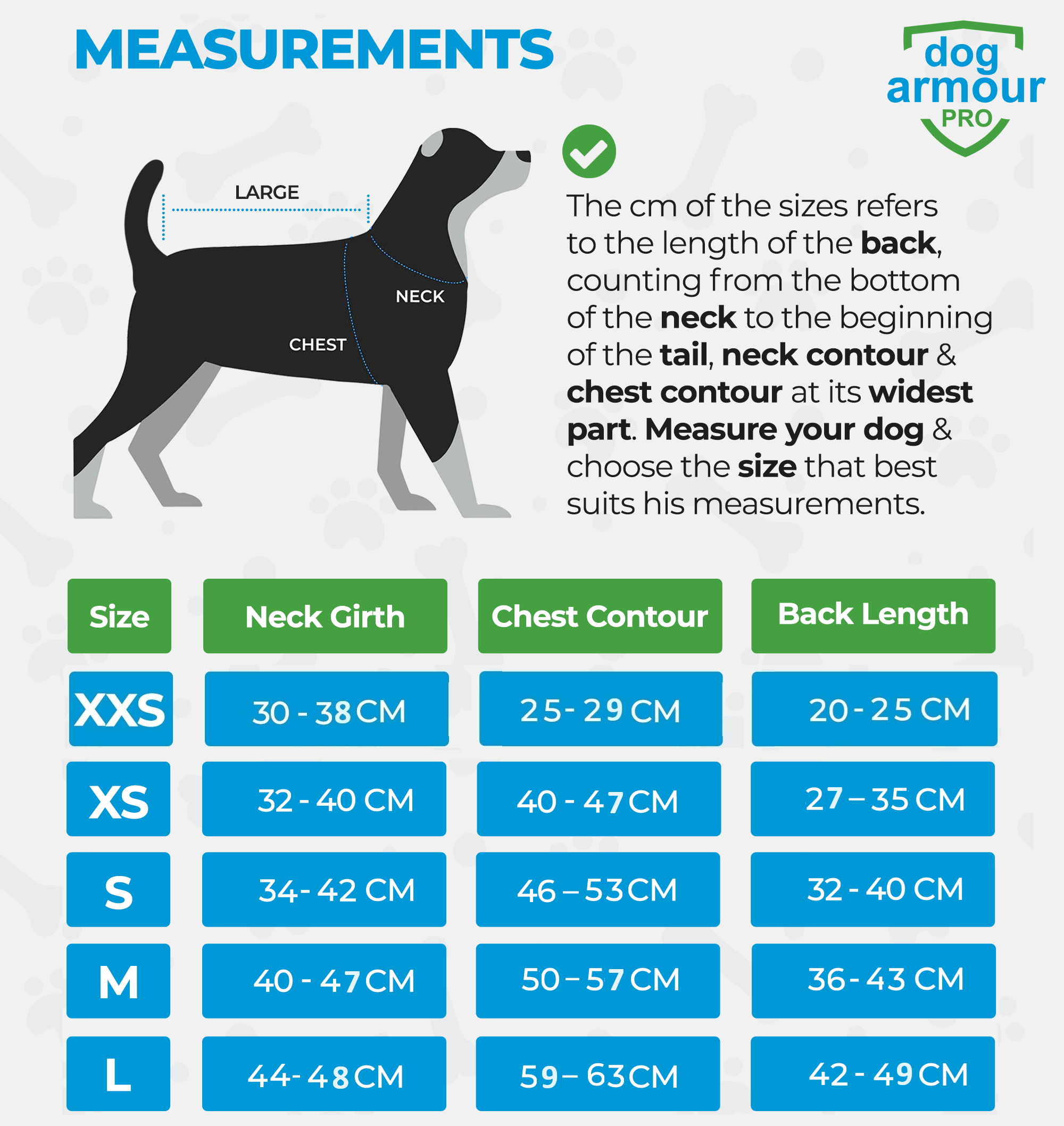 dog armour PRO - Size Guide in centimeters