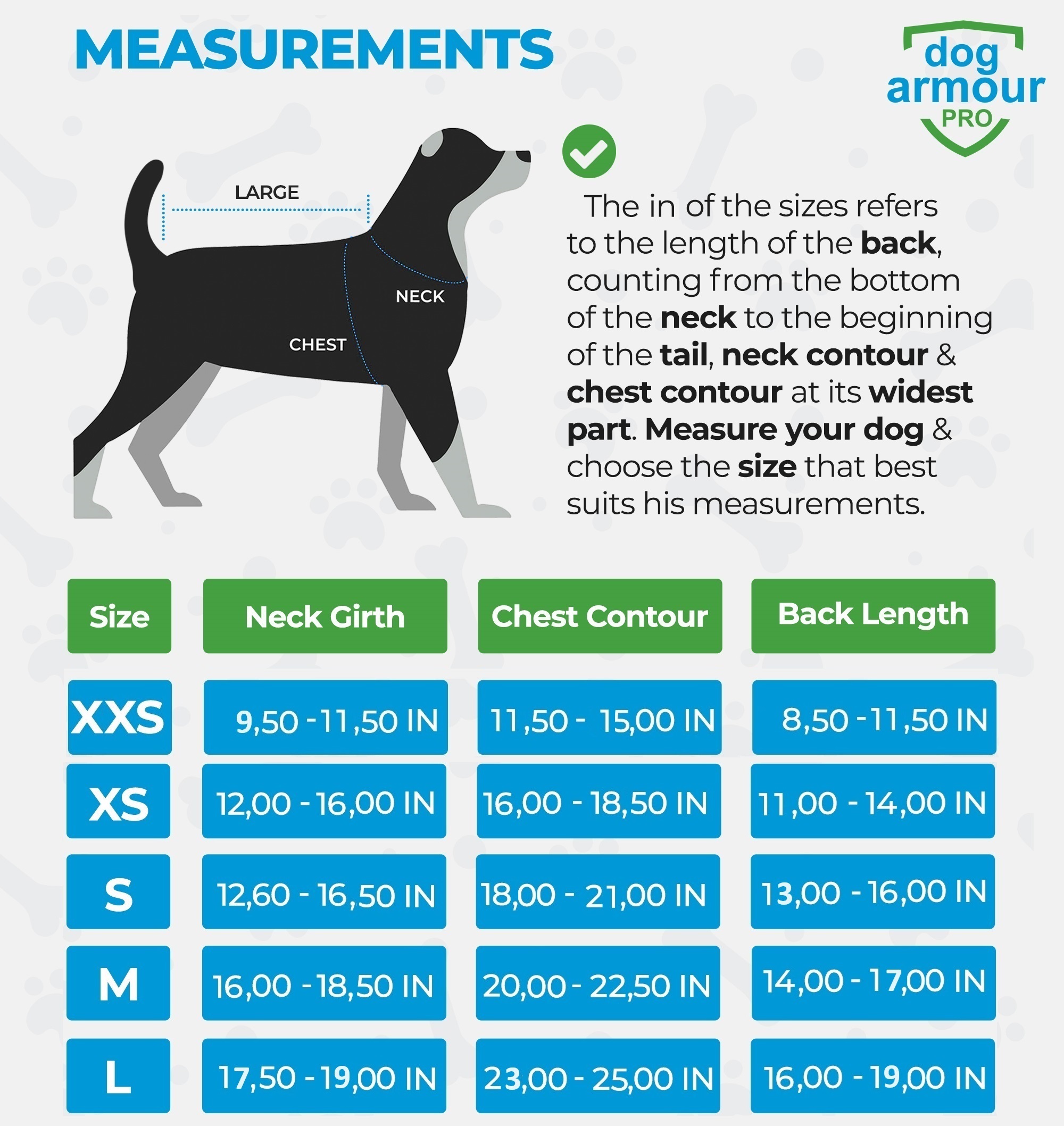 dog armour PRO - Size Guide in inches