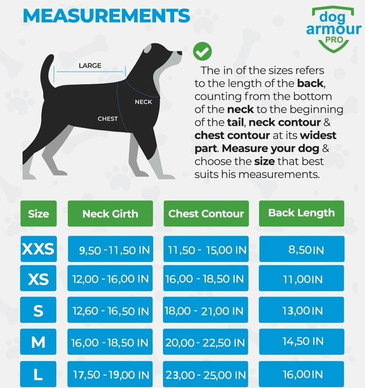 dog armour PRO - Size Guide in inches