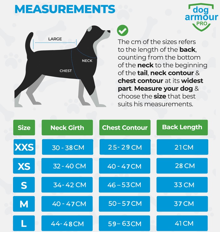 dog armour PRO - Size Guide in inches