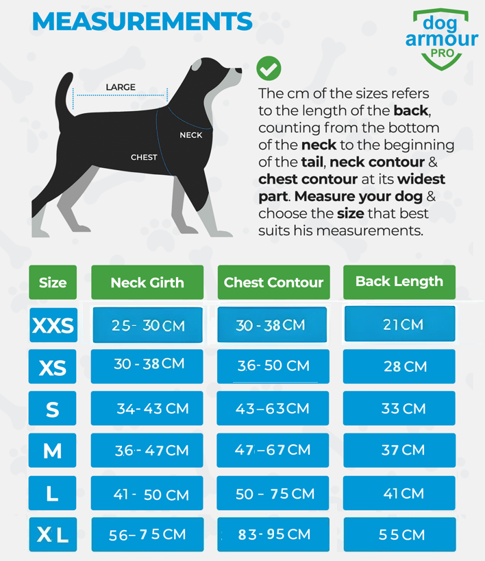 Size guide in CM - ALL anti-bite vest for dogs