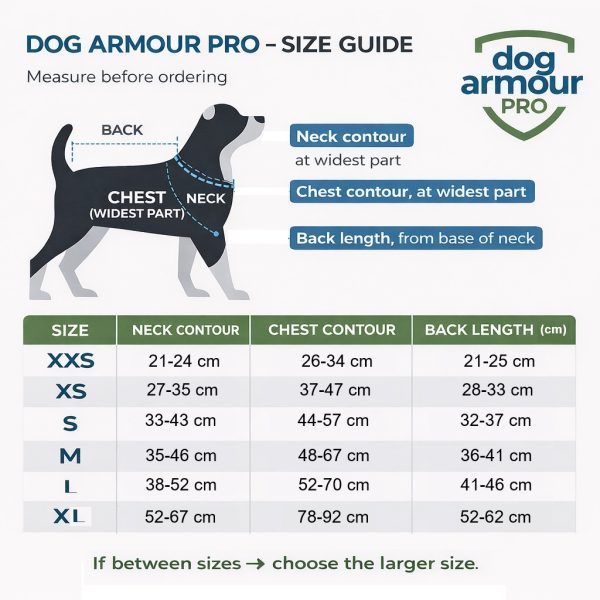 Dog Armour PRO anti-bite dog vest size chart in cm. showing neck girth, chest girth and back length measurements.