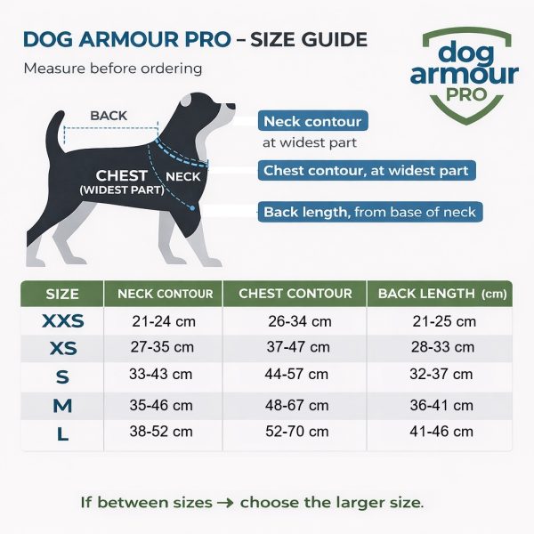 Dog Armour PRO size chart in cm. showing neck girth, chest girth and back length measurements.